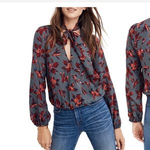 Floral Tie Neck Faux Wrap Silk Top